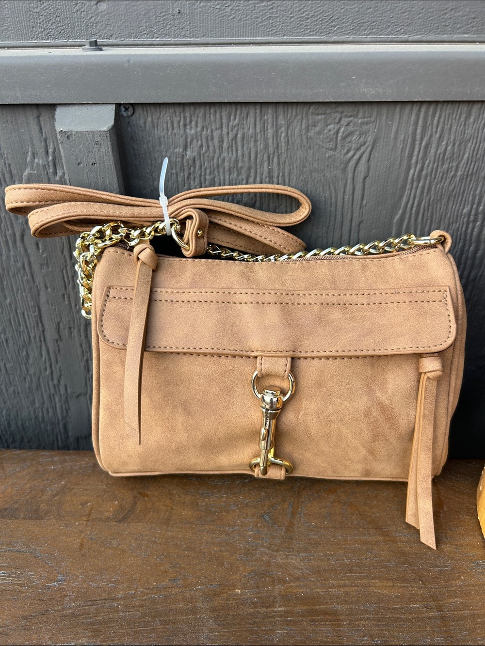 faux Suede Chain-Trim Crossbody Bag in Tan